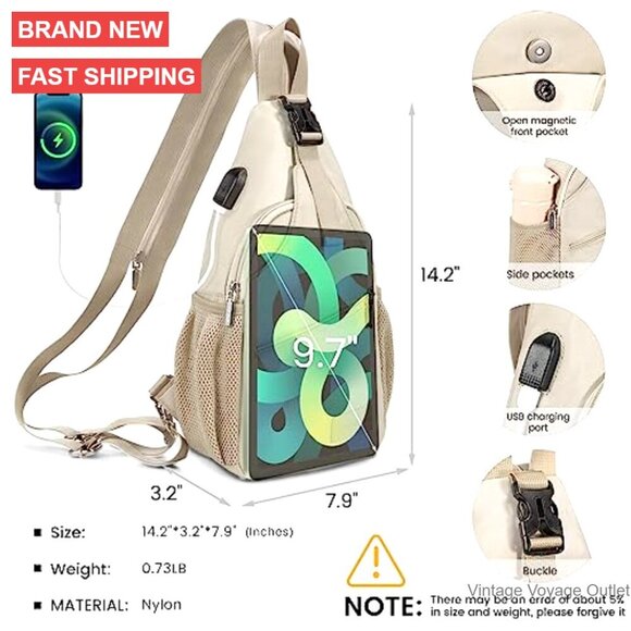 Waterproof Nylon Sling Backpack with USB Port, 11 Pockets, Convertible Strap main image 6